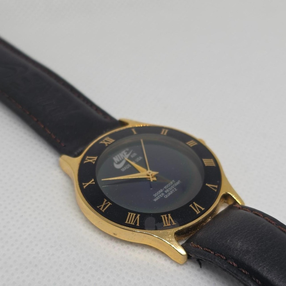 Vintage 1990s Nike Gold-Tone Black Dial Watch Genuine Leather Band